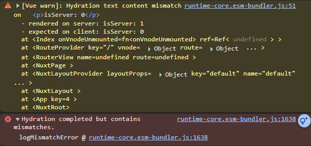 Screenshot of Vue hydration mismatch warning in the browser console